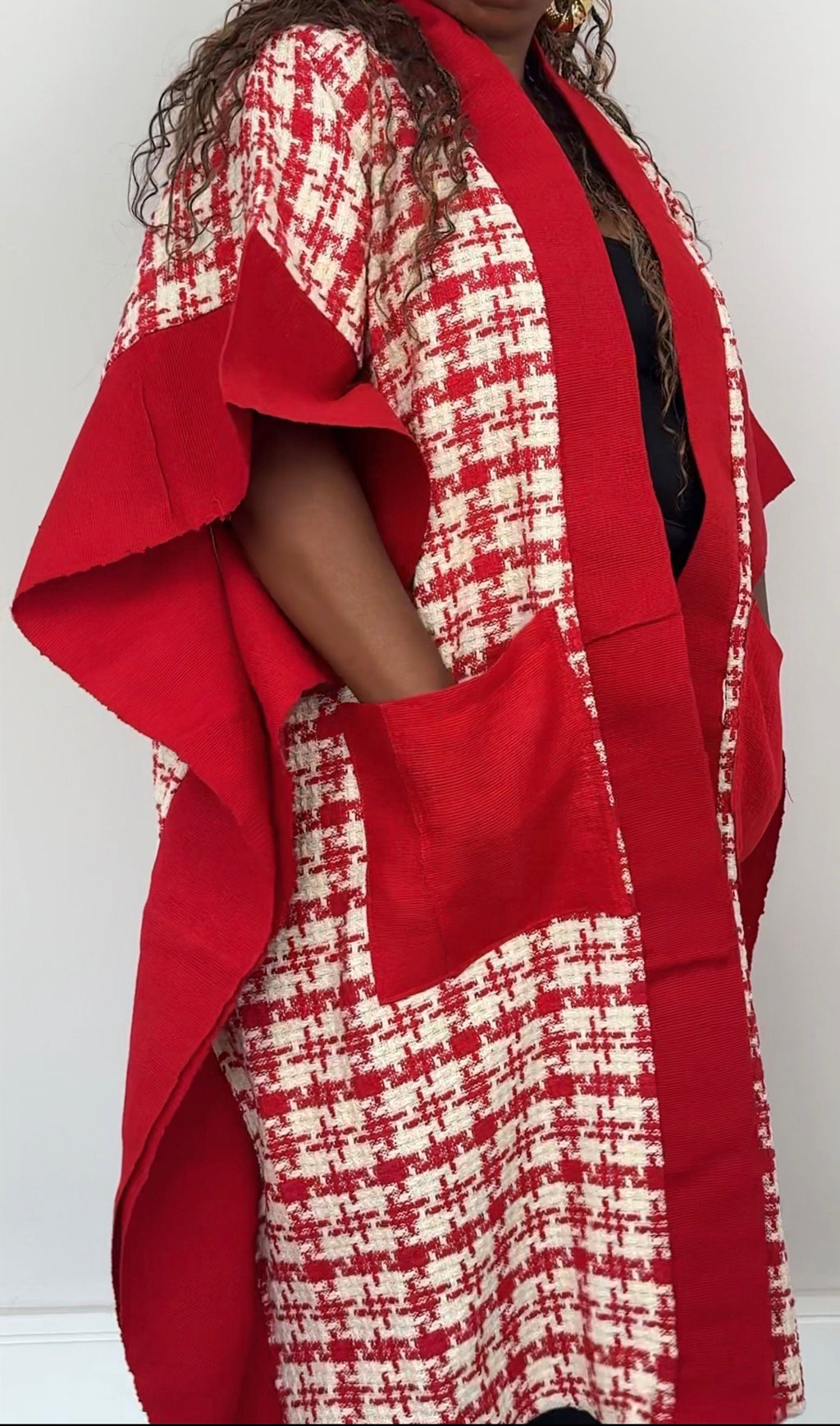 Red & White Dogstooth Handmade Kimono