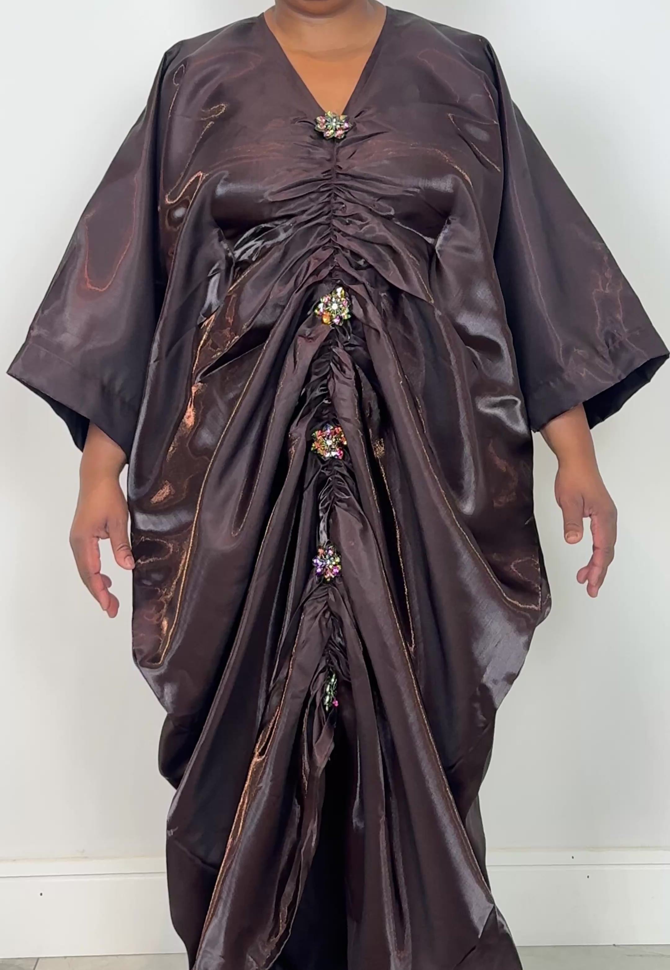 Brown Liquid Satin Ruched Bubu Dress